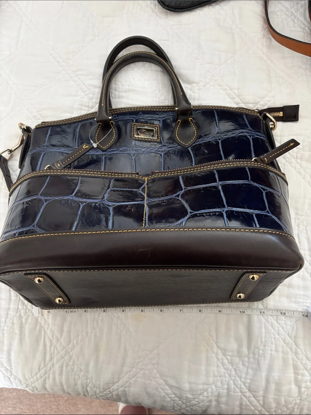 Dooney & Bourke Navy Croc-Embossed Satchel with Dark Brown Trim